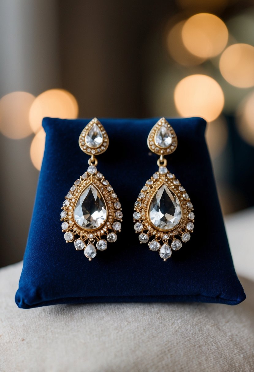 A close-up of vintage gold teardrop earrings, adorned with intricate crystal details, displayed on a velvet cushion