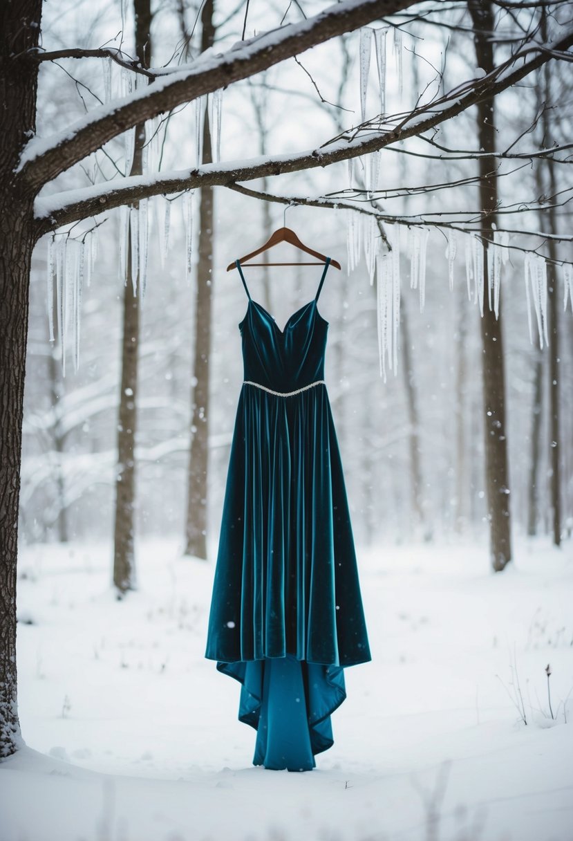 A snow-covered forest clearing with a solitary velvet winter gown hanging from a tree branch, surrounded by delicate icicles and soft, falling snow