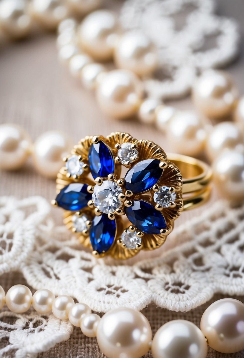 A vintage gold wedding earring with a cluster of sapphire stones, set against a backdrop of lace and pearls