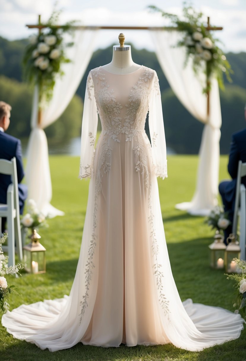 A flowing sheer overlay dress with delicate embroidery, set against a backdrop of a serene outdoor wedding ceremony