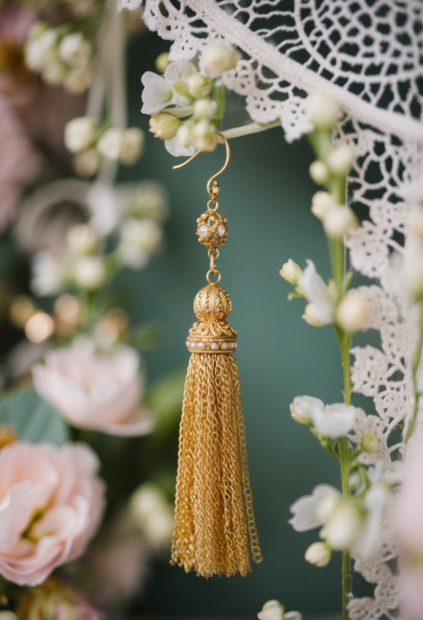 A vintage gold tassel earring hanging from a Bohemian-inspired display, surrounded by delicate lace and floral elements