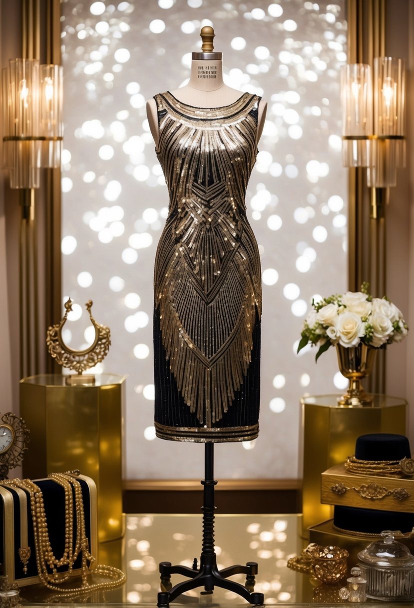 An elegant Art Deco-inspired sequin dress displayed on a mannequin, surrounded by vintage accessories and a glamorous backdrop