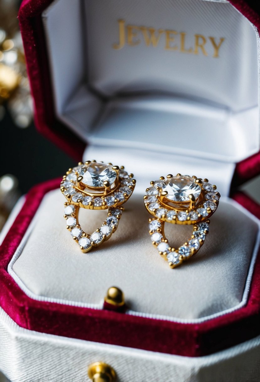 A pair of vintage gold halo earrings, adorned with elegant diamonds, displayed on a luxurious velvet jewelry box