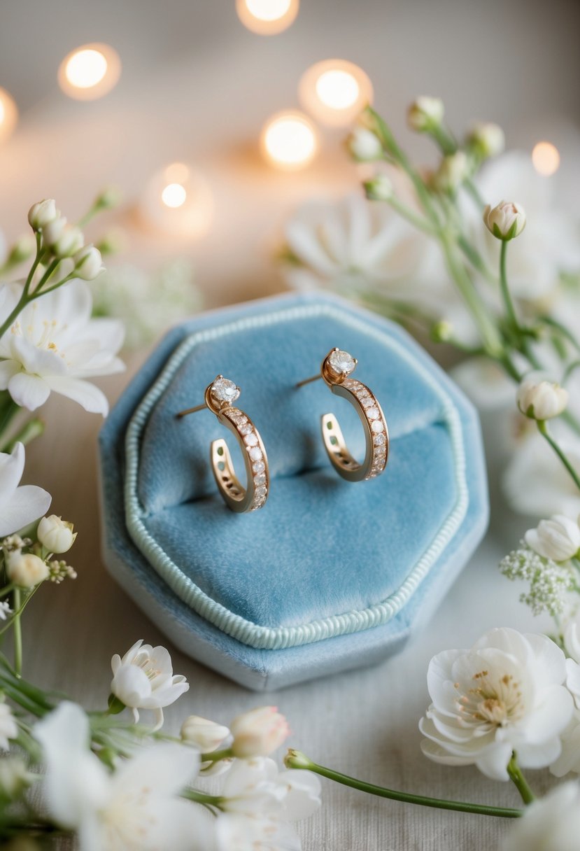 A pair of elegant earrings displayed on a velvet cushion, surrounded by delicate floral arrangements and soft lighting