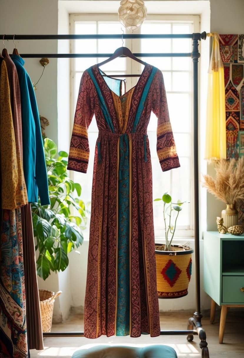 A statement print maxi dress hangs on a vintage coat rack in a sunlit, bohemian-inspired room with eclectic decor