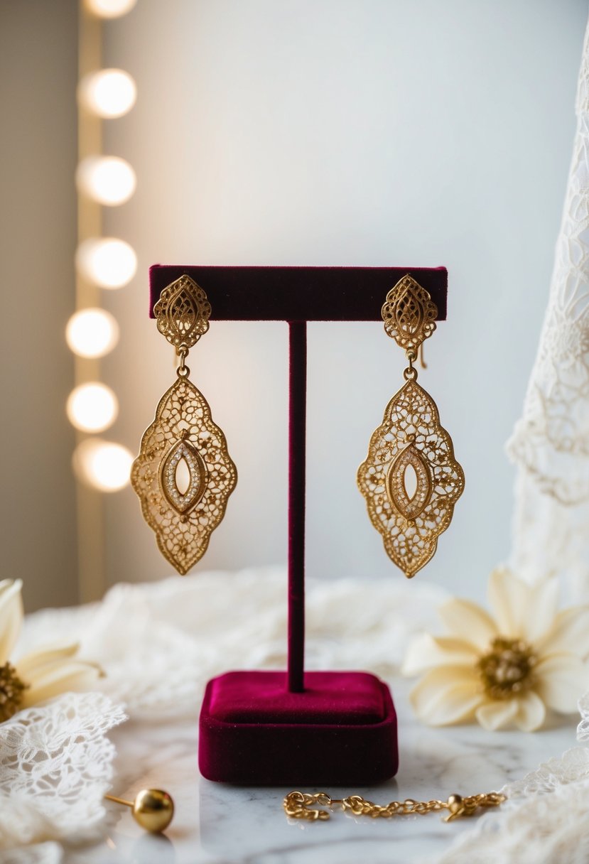 A pair of vintage gold filigree earrings displayed on a velvet jewelry stand, surrounded by soft lighting and delicate lace fabric