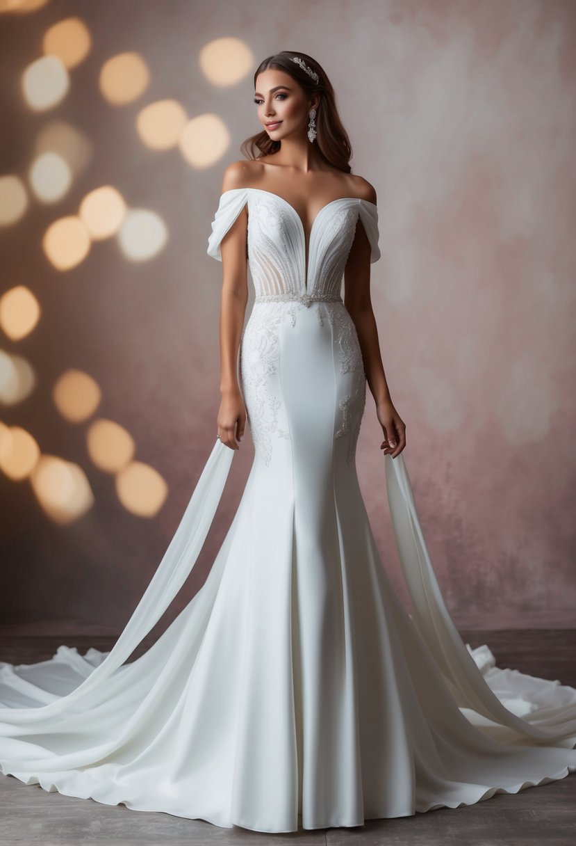 A mermaid cut wedding dress with an off-shoulder neckline, flowing fabric, and intricate details, set against a romantic backdrop