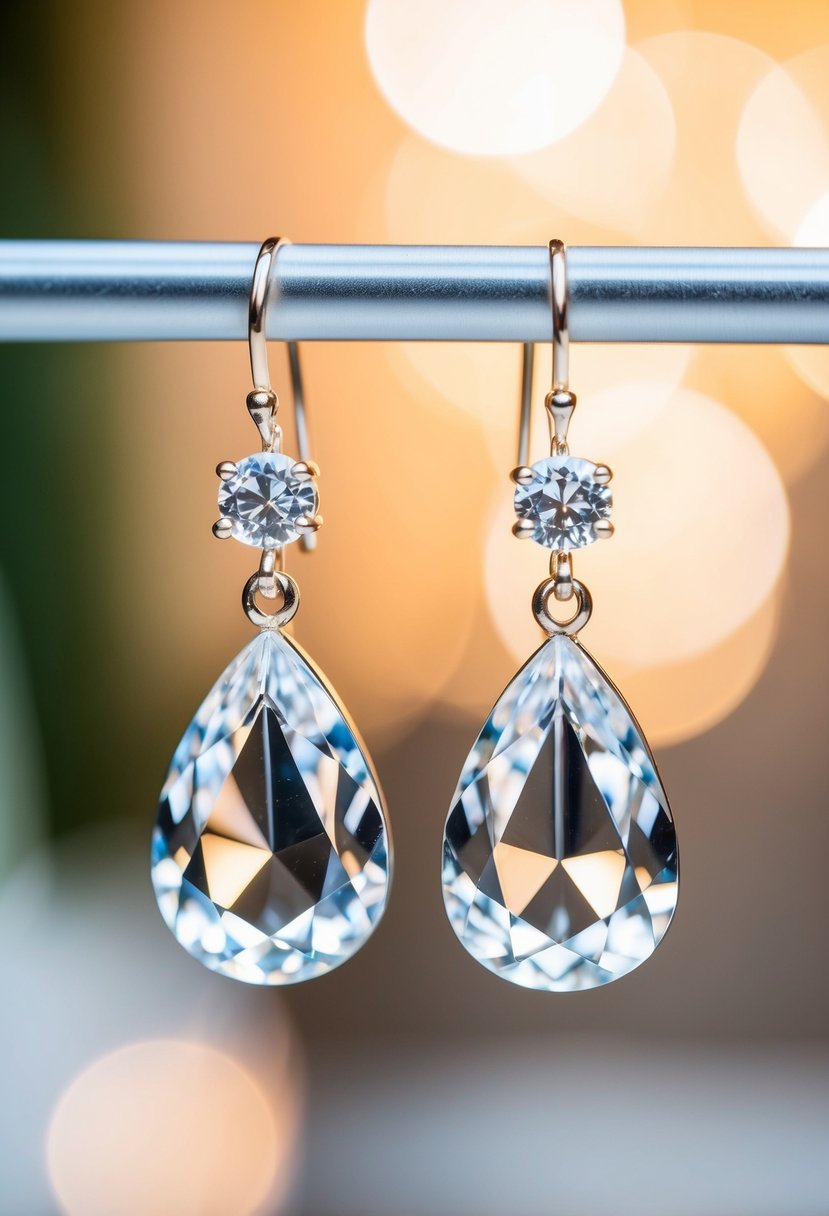 A pair of crystal drop earrings hanging from a jewelry stand, with soft lighting highlighting their sparkle