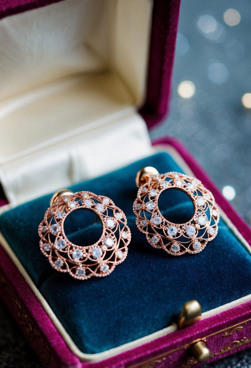 A pair of intricate rose gold earrings, with delicate filigree and sparkling gemstones, displayed on a vintage velvet jewelry box