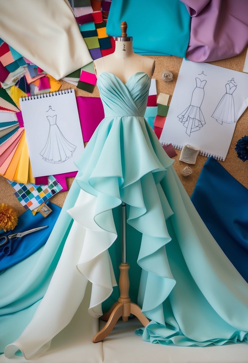 A flowing asymmetrical ruffle dress on a mannequin, surrounded by colorful fabric swatches and sketches of non-traditional wedding dress designs