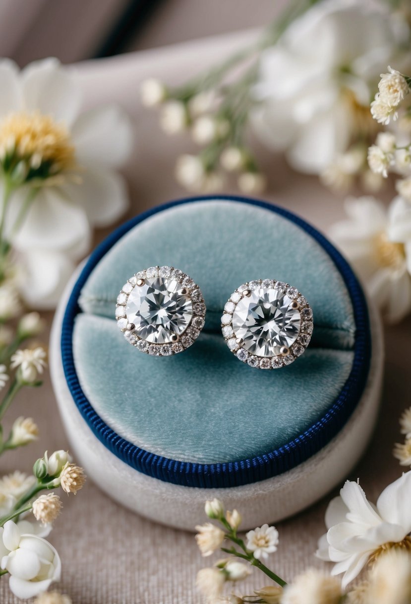 Two diamond halo studs displayed on a velvet cushion, surrounded by soft lighting and delicate flowers