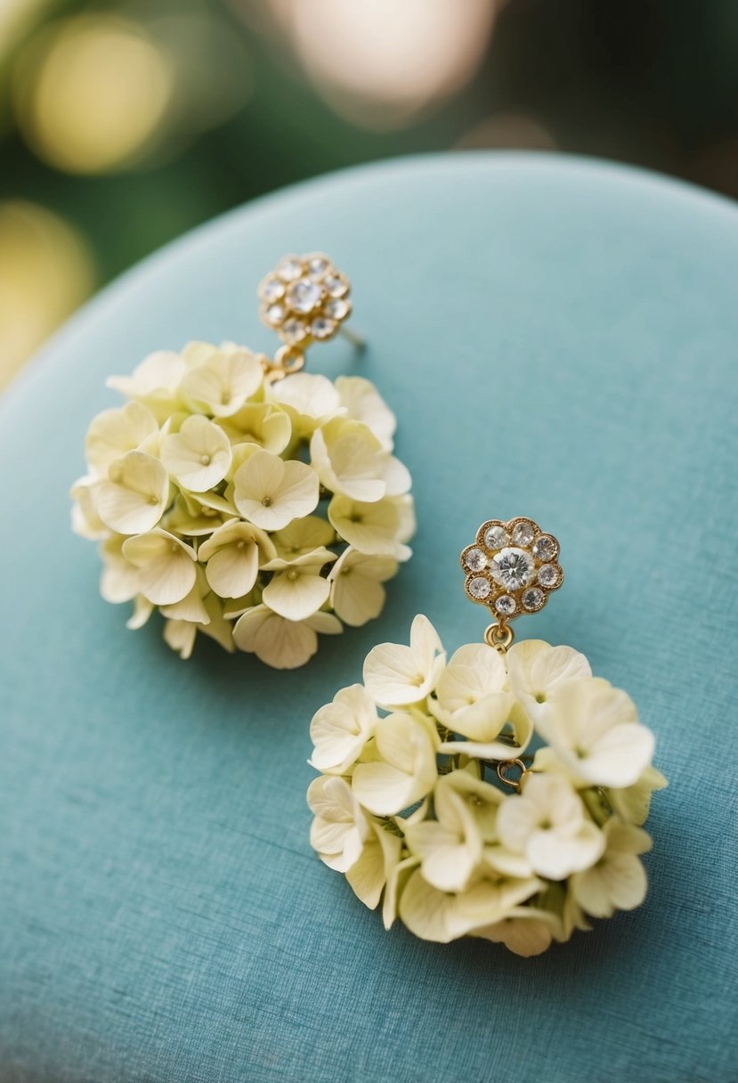 A pair of vintage gold statement earrings adorned with delicate hydrangea flowers, perfect for a wedding ensemble