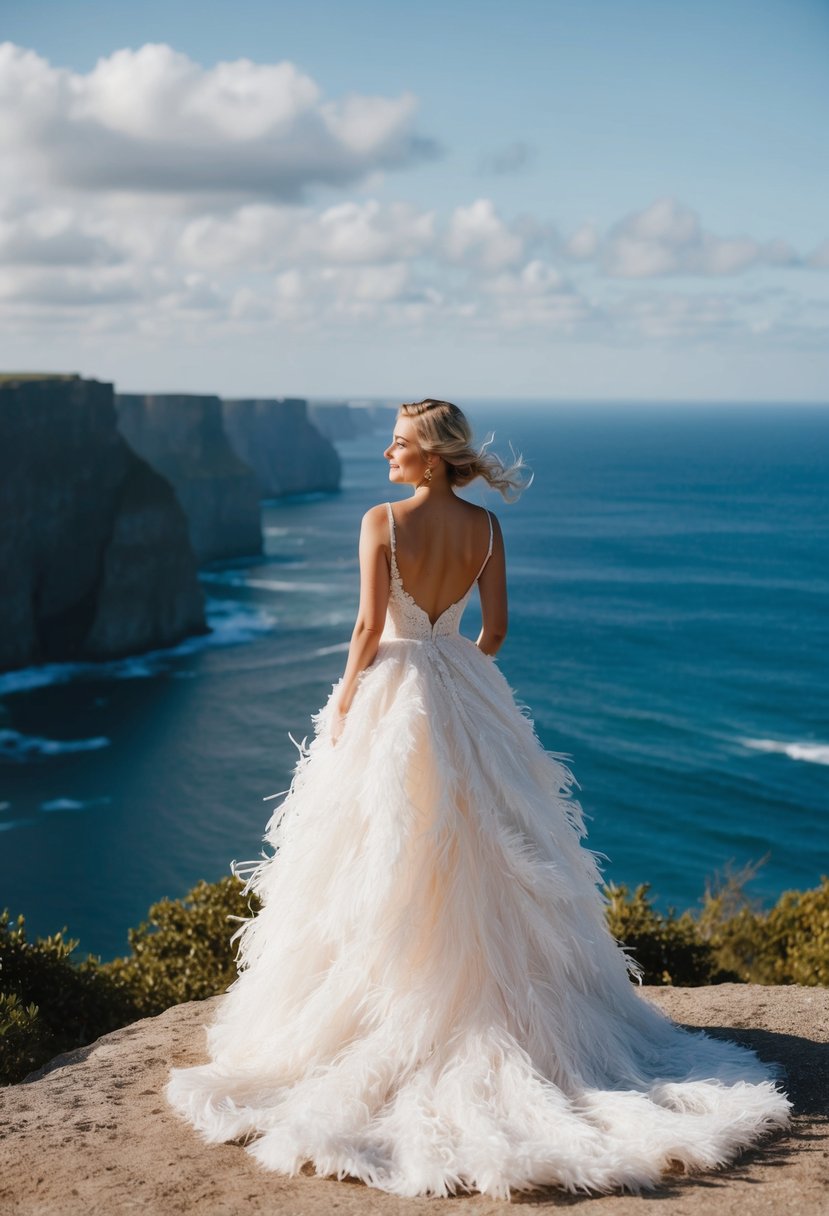 A bride stands on a cliff overlooking the ocean, wearing a dramatic feathered skirt dress that billows in the wind