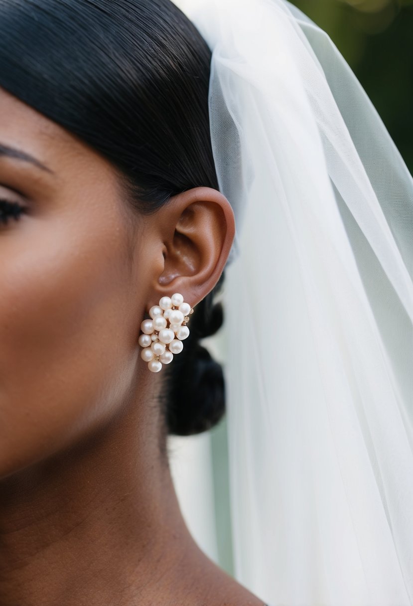 A close-up of pearl cluster earrings on a sleek, short hairdo, with a soft wedding veil in the background