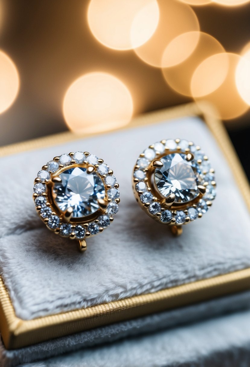 Two vintage gold diamond studs, set in classic halo designs, on a velvet display