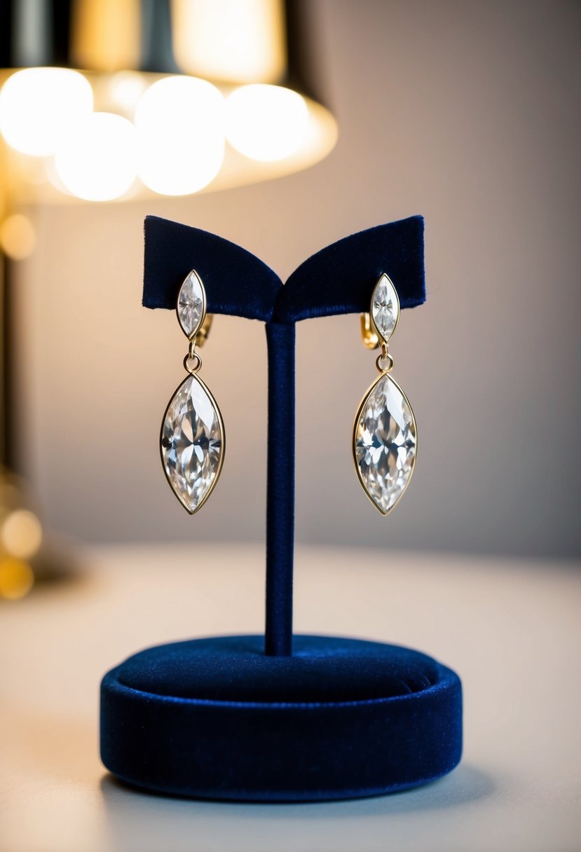 A pair of marquise-cut drop earrings displayed on a velvet cushion, with soft lighting casting a gentle glow on the sparkling gems