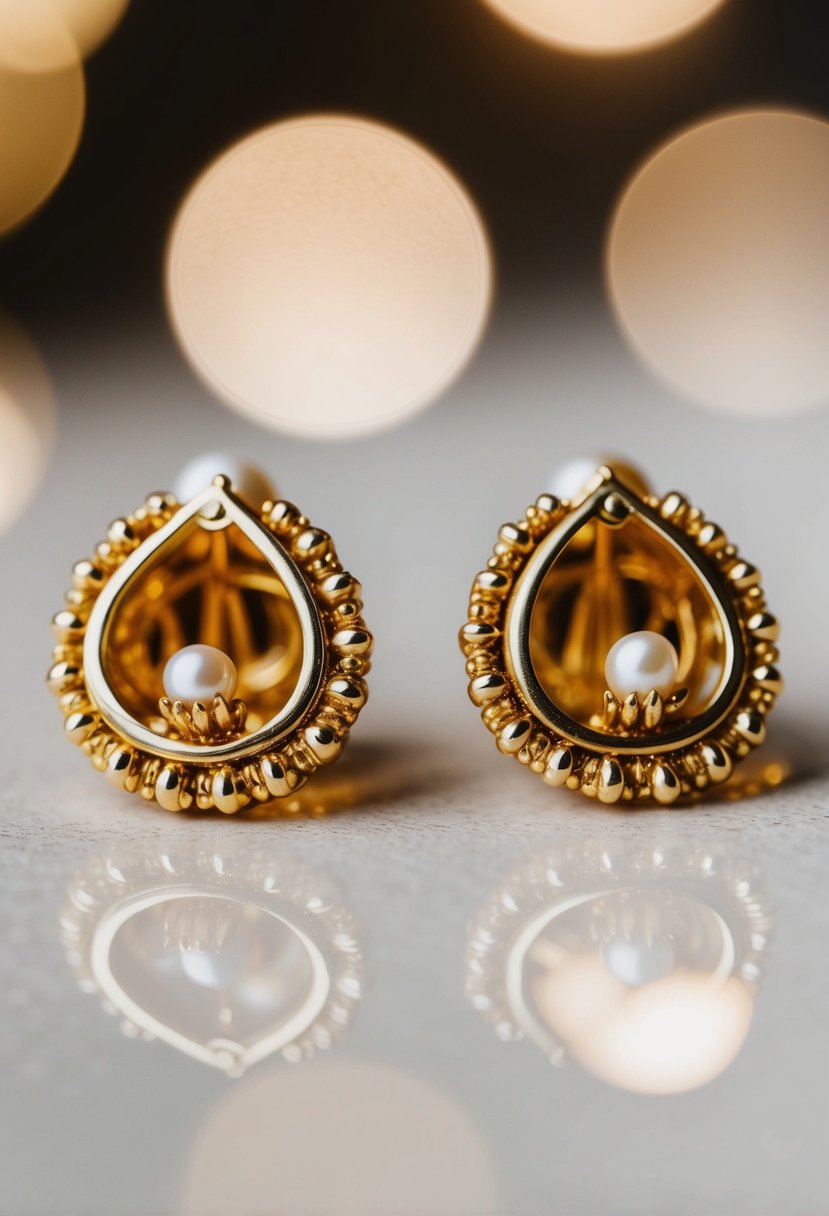 A pair of vintage gold earrings with intricate front and back designs, adorned with golden pearls, shimmering under soft lighting