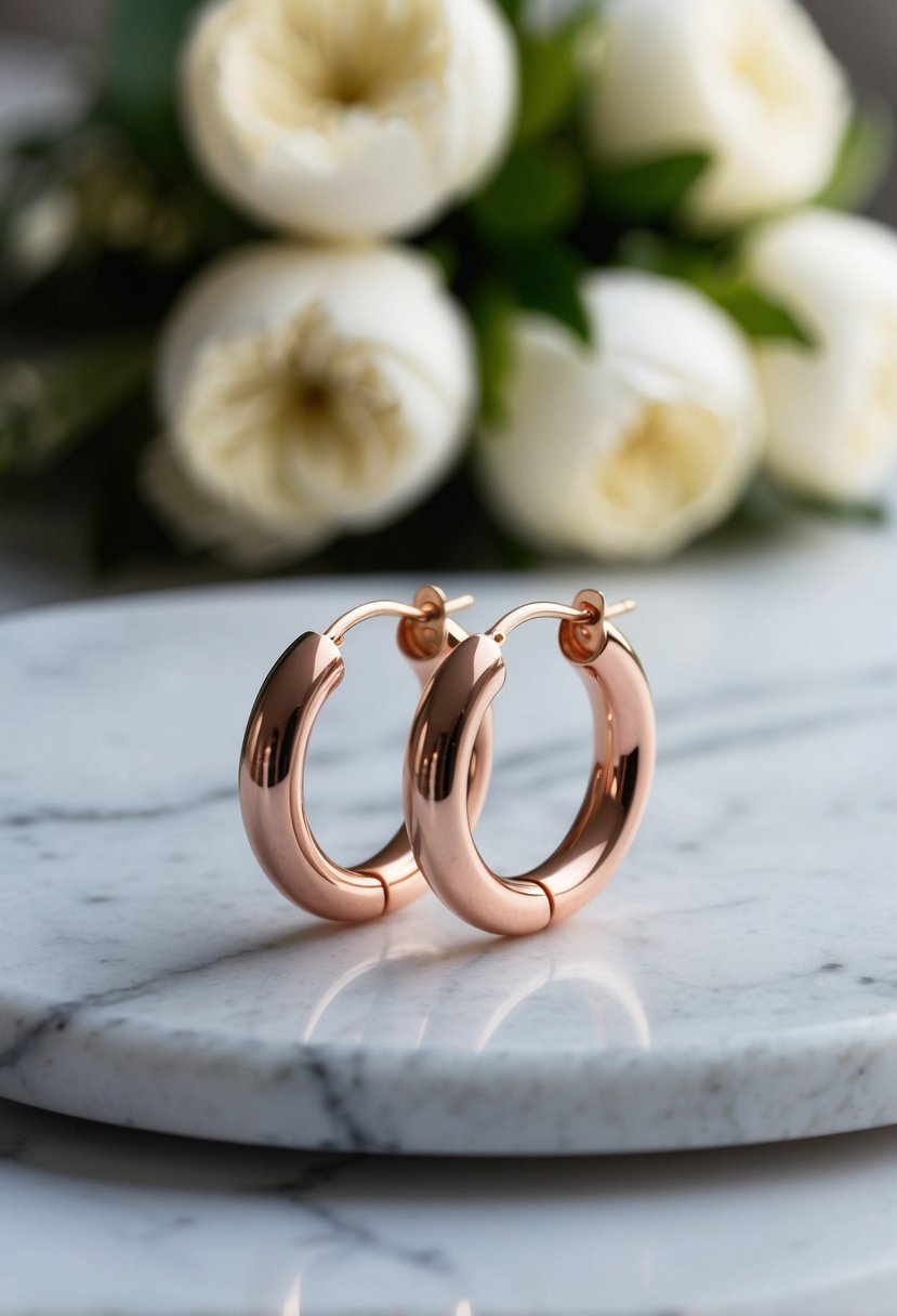 A close-up of rose gold hoop earrings on a marble surface, with a bouquet of white flowers in the background