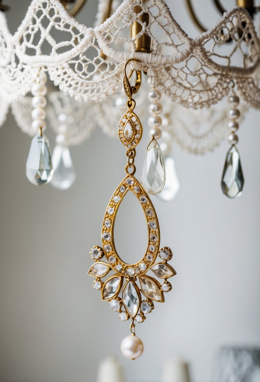 A vintage gold earring dangling from a crystal chandelier, surrounded by delicate lace and pearls