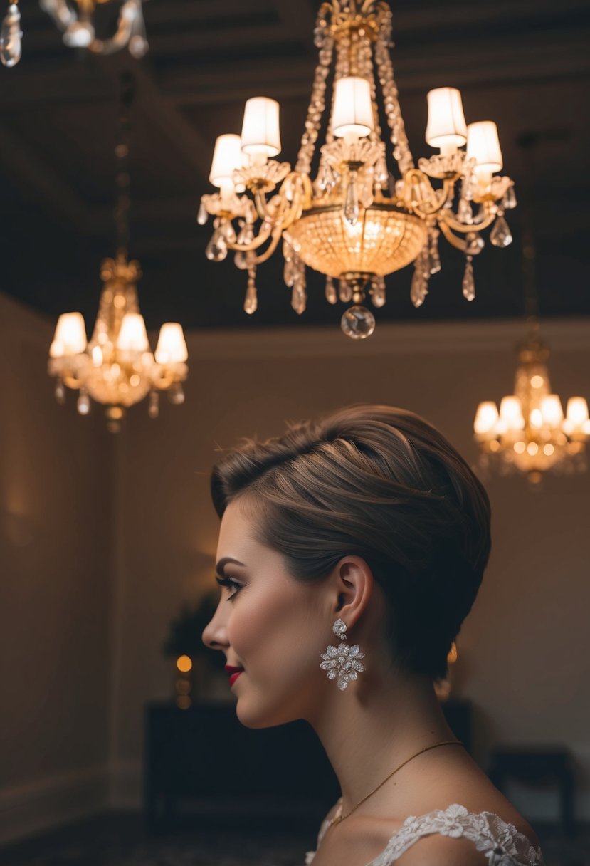 A dimly lit room with ornate vintage chandeliers casting a warm glow, showcasing elegant short hair wedding earrings