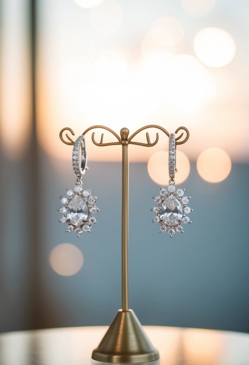 A pair of elegant, sparkling wedding earrings hanging from a delicate stand, surrounded by soft, romantic lighting