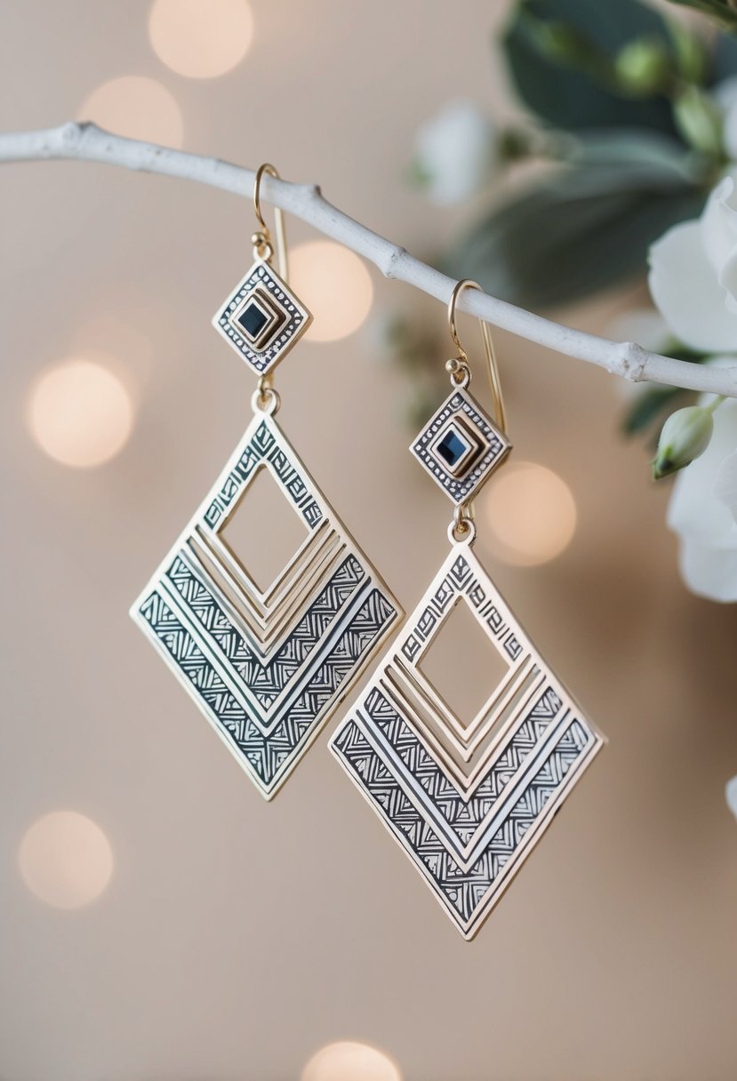 A pair of elegant geometric dangle earrings, featuring intricate patterns and delicate details, perfect for a modern and stylish bride's wedding ensemble