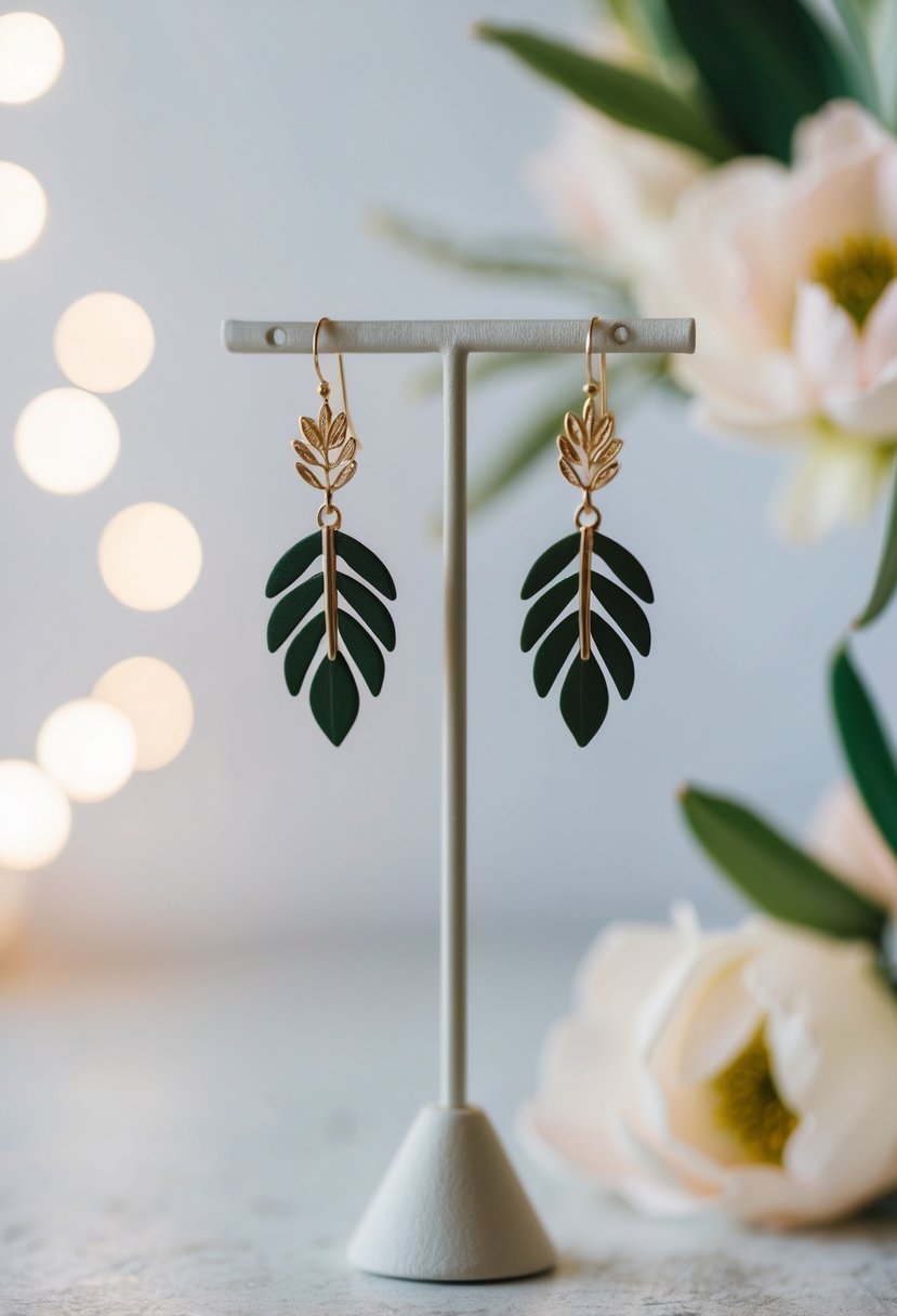 A pair of olive leaf drop earrings dangle from a delicate stand, surrounded by soft lighting and a hint of floral accents