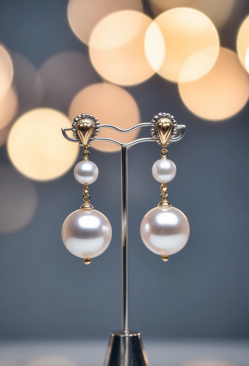 A pair of baroque pearl dangle earrings hanging from a delicate stand, with soft lighting highlighting their elegant design