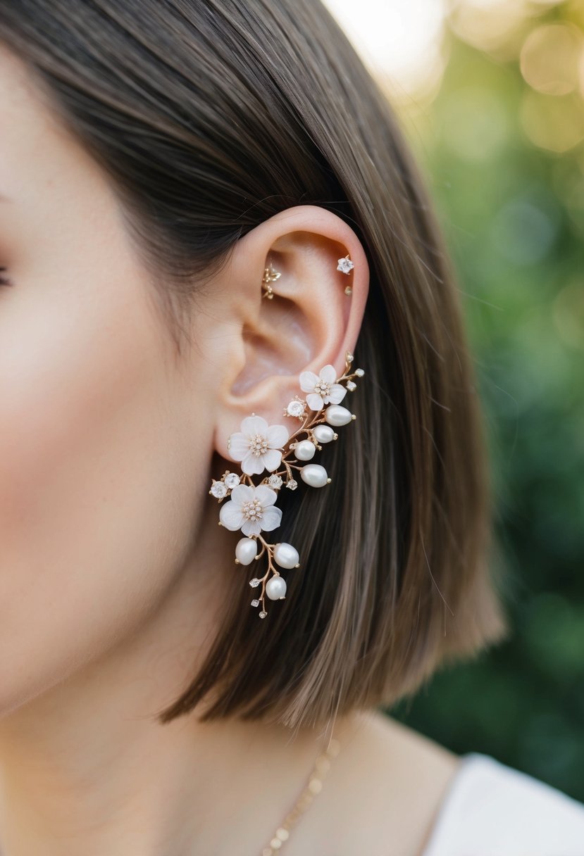 A close-up of delicate floral ear climbers against a backdrop of short hair, suggesting wedding earring ideas