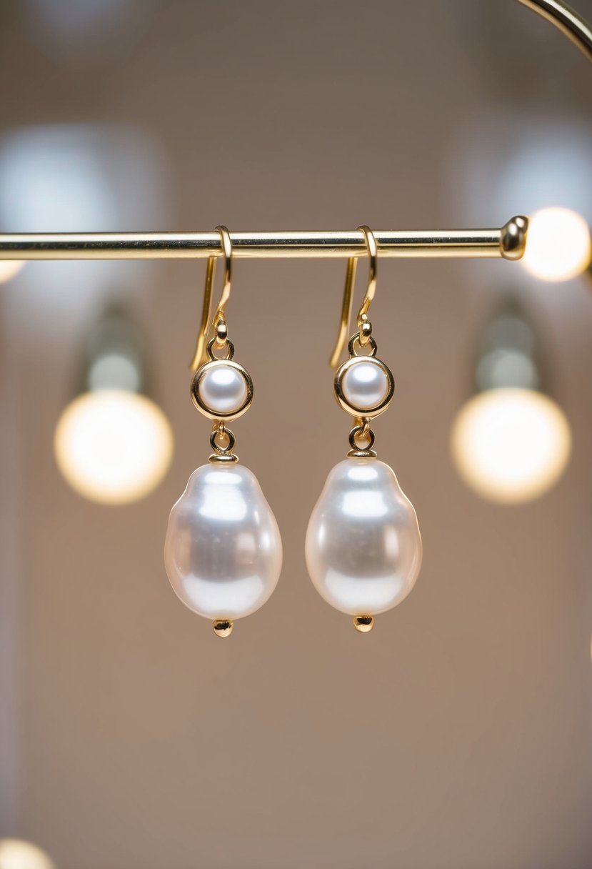 A pair of freshwater pearl dangle earrings hanging from a delicate display, with soft lighting to highlight their elegant and timeless beauty