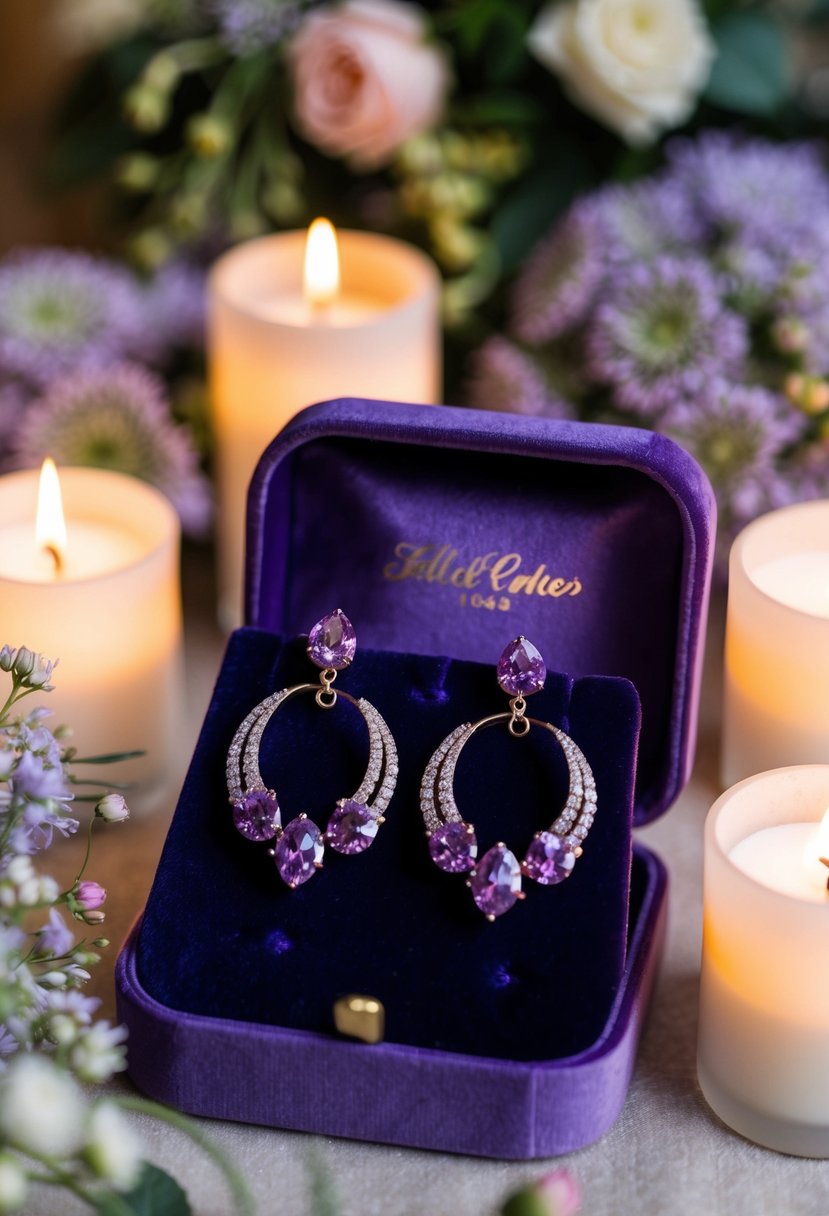 A pair of elegant purple wedding earrings displayed on a velvet cushion, surrounded by delicate floral arrangements and soft candlelight