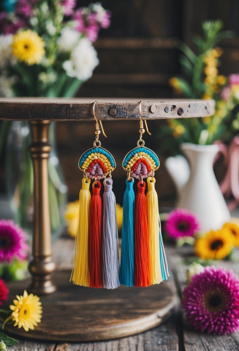 Colorful tassel earrings hanging from a rustic wooden table, surrounded by bohemian decor and flowers