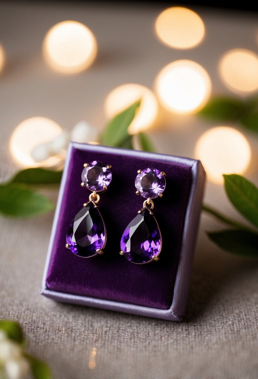 A pair of amethyst teardrop earrings displayed on a velvet cushion, surrounded by soft, romantic lighting