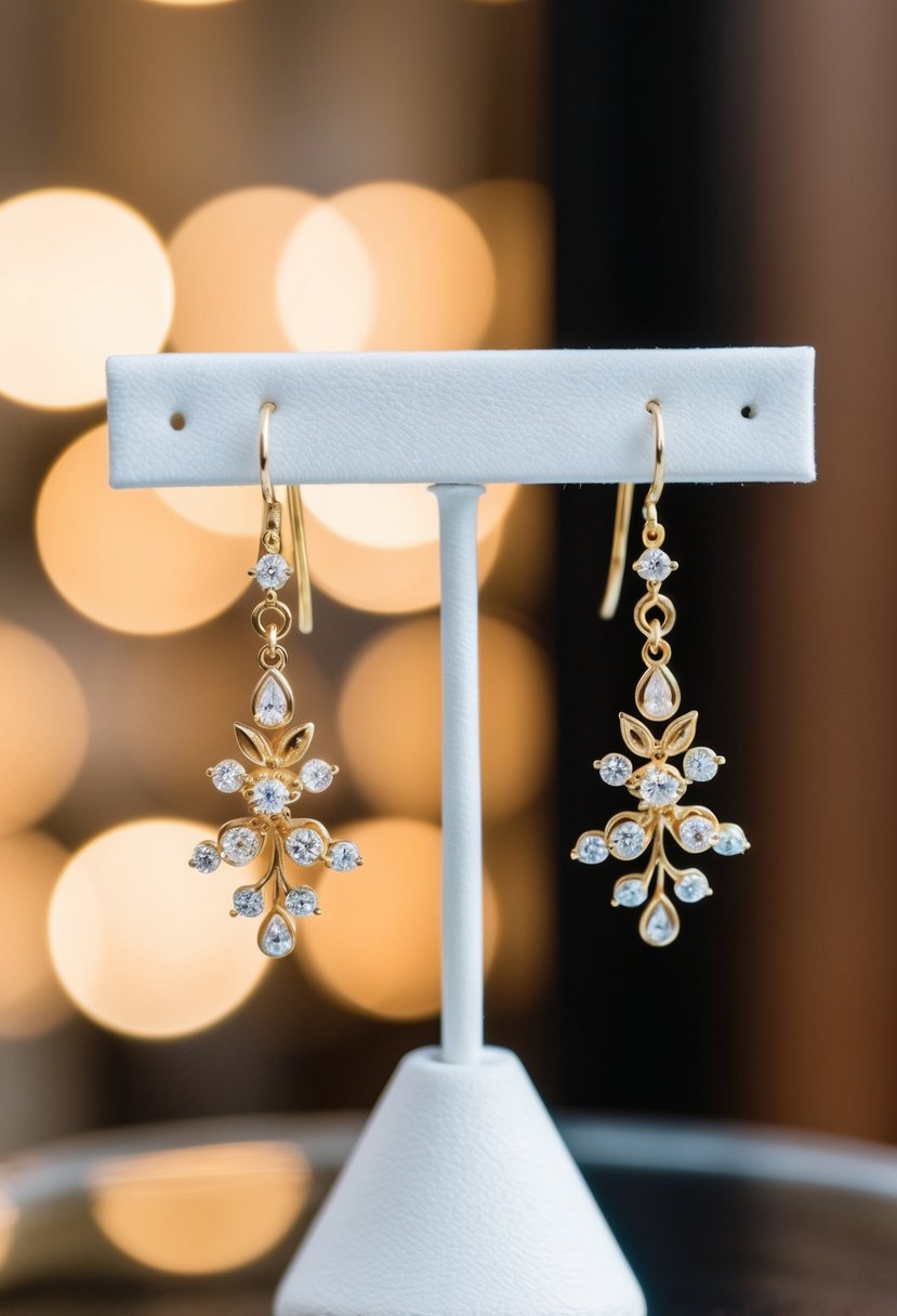 A pair of delicate gold wedding earrings with floral drop design hanging from a display stand