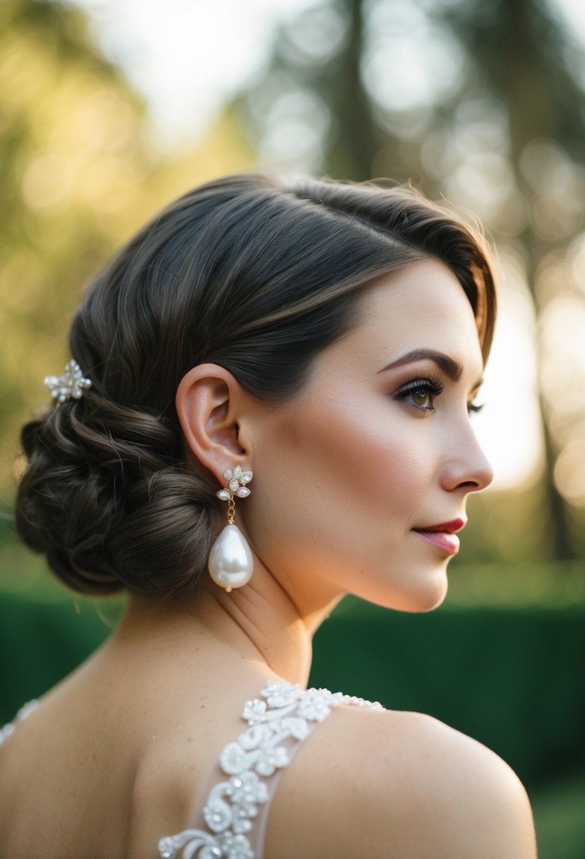 A bride's short hair adorned with elegant pearl drop earrings