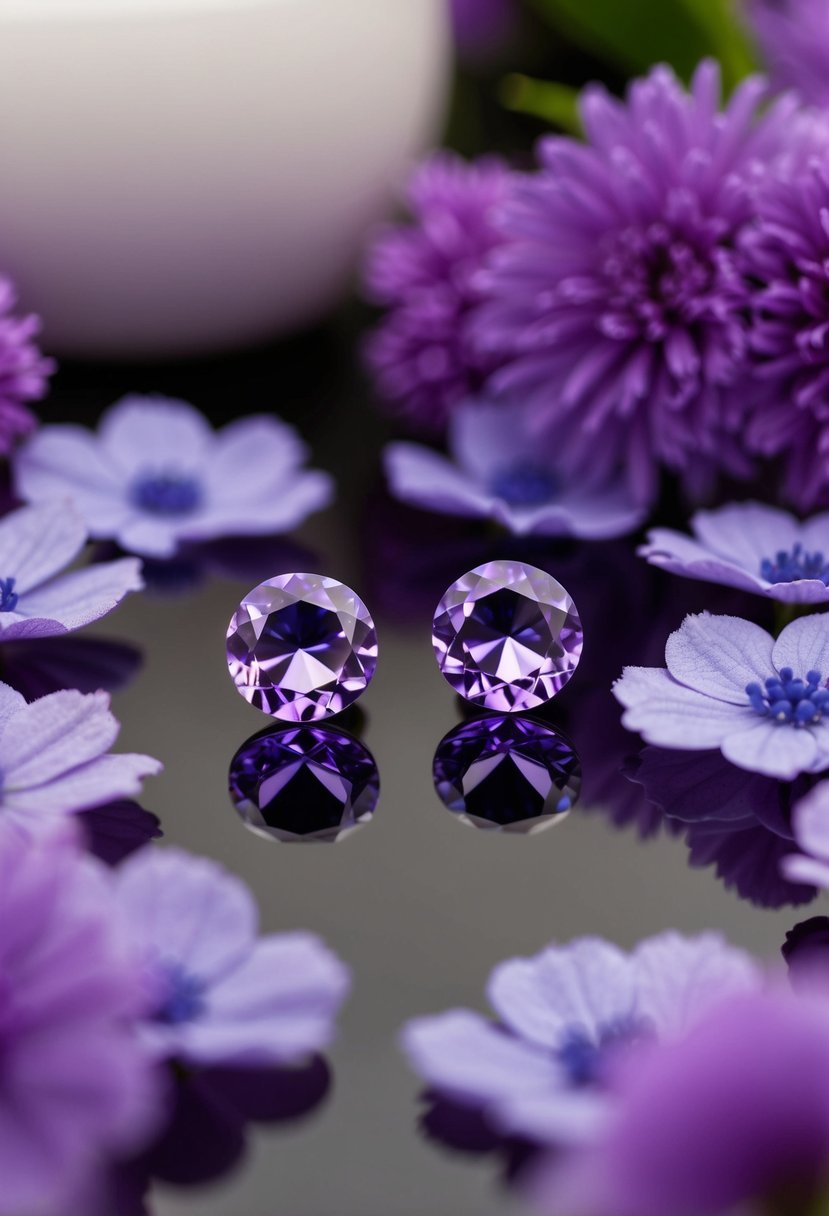 Two violet crystal studs on a reflective surface, surrounded by soft purple floral arrangements