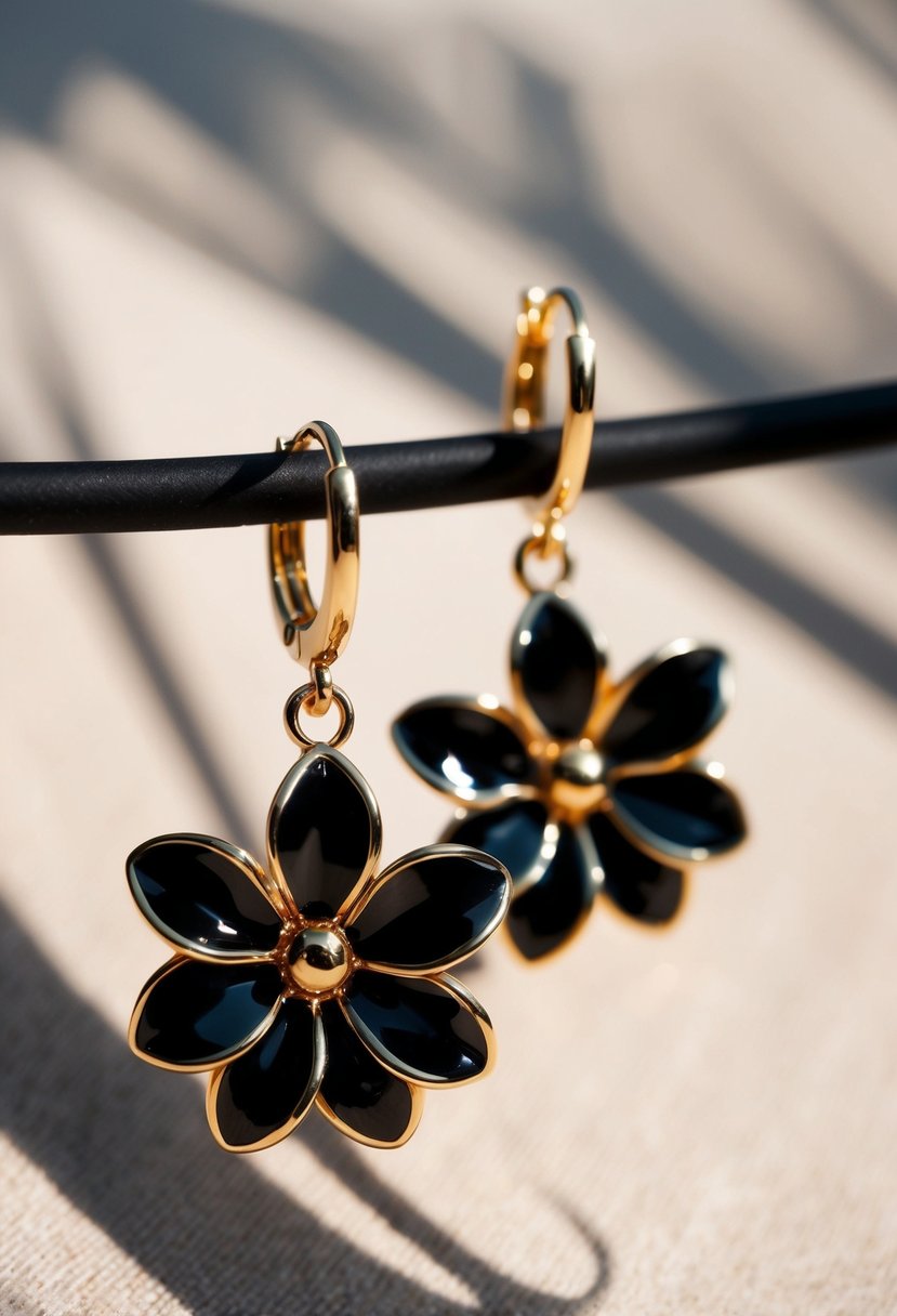 A pair of 18K gold-plated black metal flower earrings dangle gracefully, catching the light and casting delicate shadows