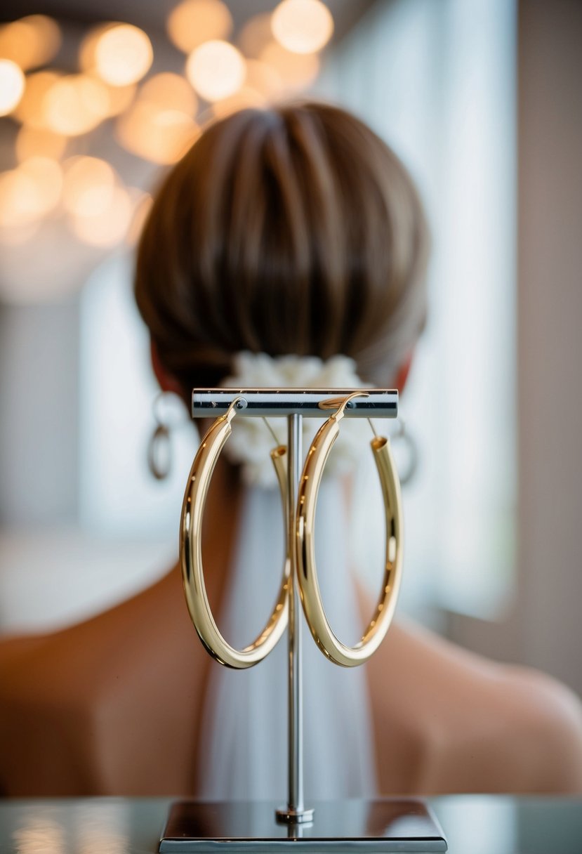 A pair of oval hoop earrings displayed on a sleek surface, with a short hair wedding hairstyle in the background