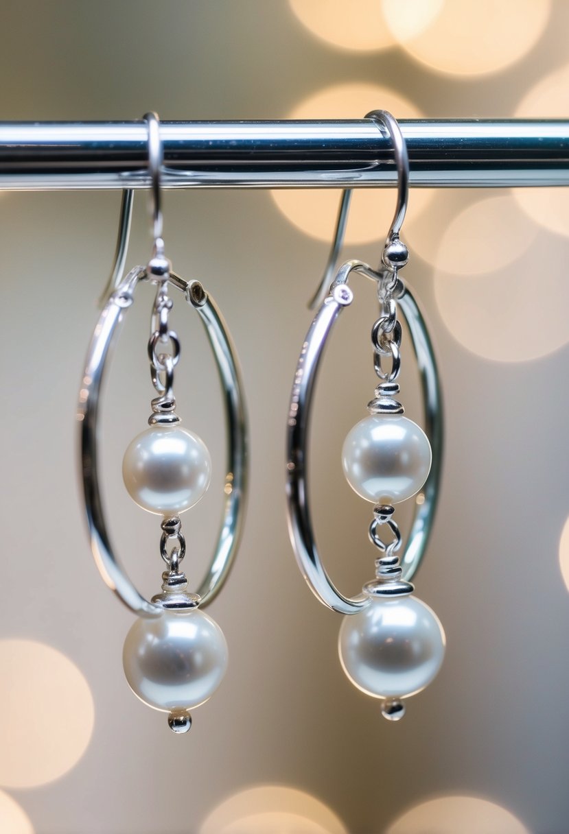 A pair of sterling silver and pearl hoops dangle elegantly from a jewelry display, catching the light and exuding a sense of bridal elegance