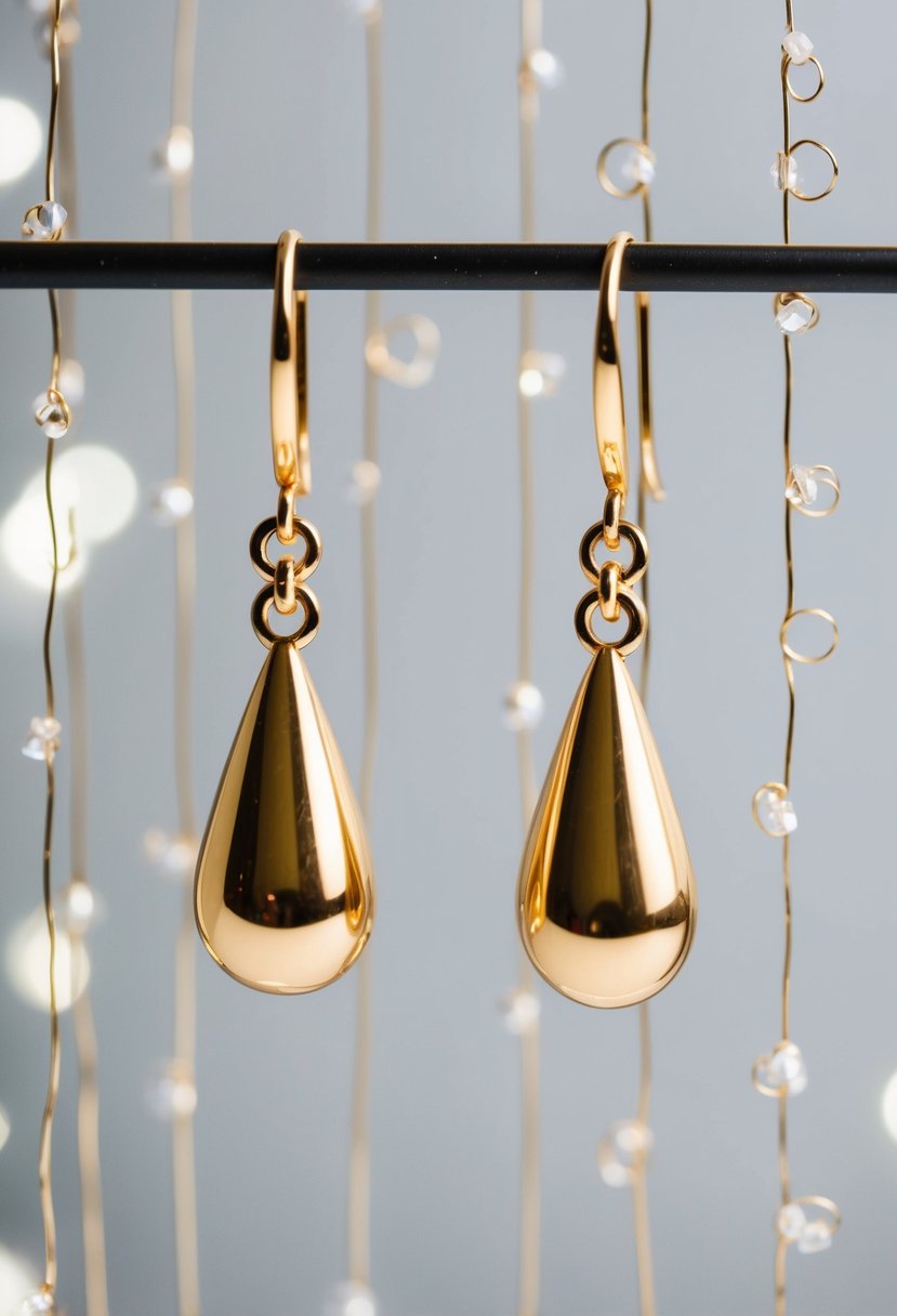 Two gold teardrop pendants hang from a delicate earring stand, with a backdrop of short, wispy strands of hair, evoking a modern and elegant wedding look