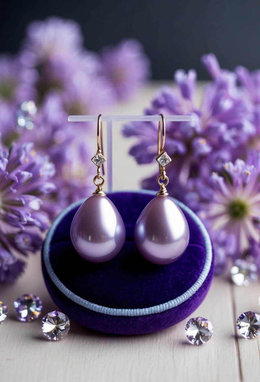 A pair of lavender pearl drop earrings displayed on a velvet cushion, surrounded by delicate purple flowers and sparkling crystals