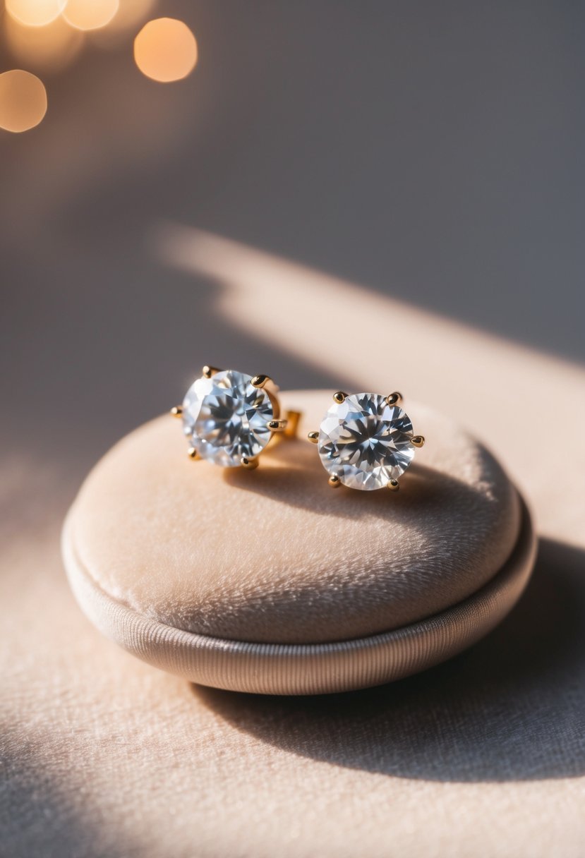 A close-up of cubic zirconia studs resting on a velvet cushion, with soft lighting casting a warm glow on the sparkling earrings