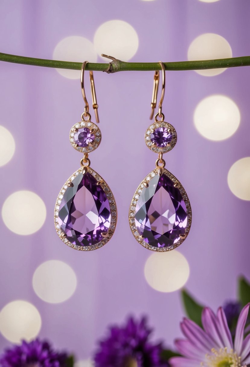 Lilac gemstone chandelier earrings hanging against a soft purple wedding backdrop