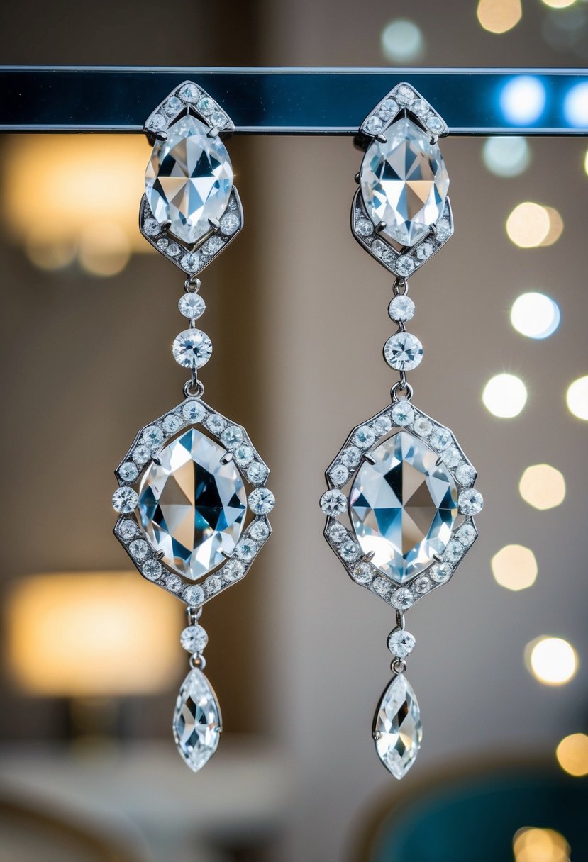 A pair of elegant Art Deco-inspired crystal earrings dangle from a display, catching the light and casting sparkles across the room