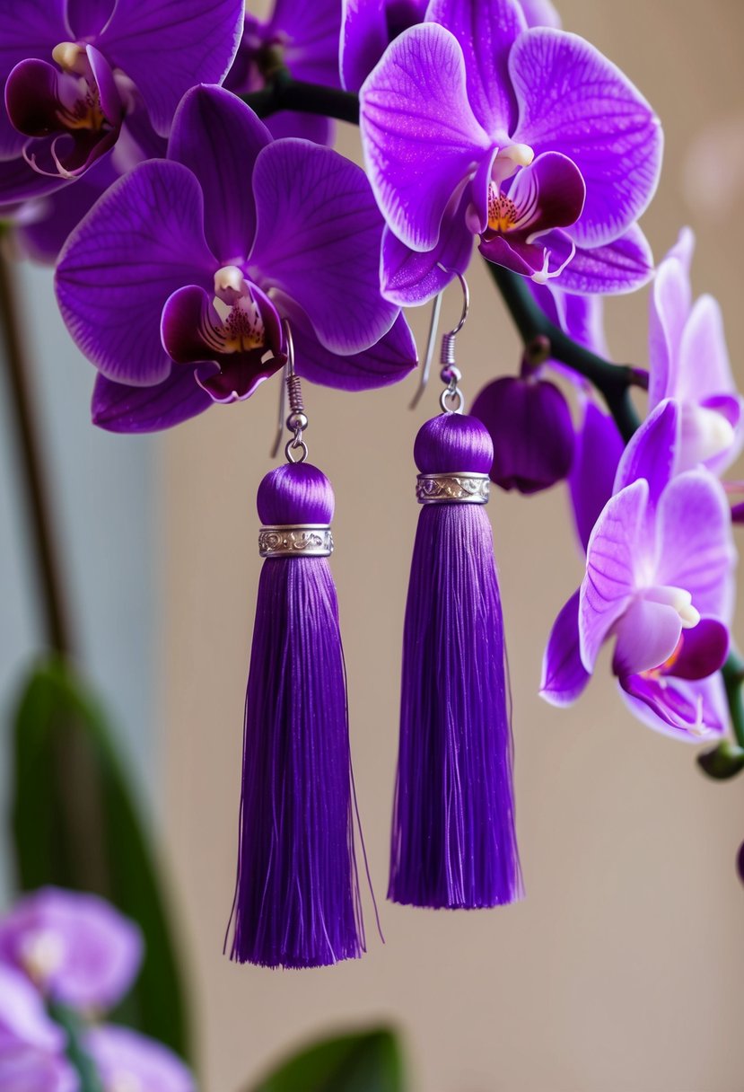 A close-up of purple orchid tassel earrings hanging from a display, with soft lighting to accentuate their delicate details