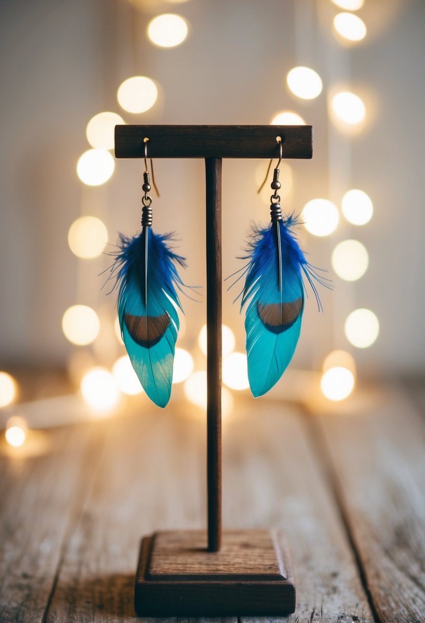 A pair of boho chic feather earrings dangle from a rustic wooden jewelry stand, surrounded by soft, ethereal lighting