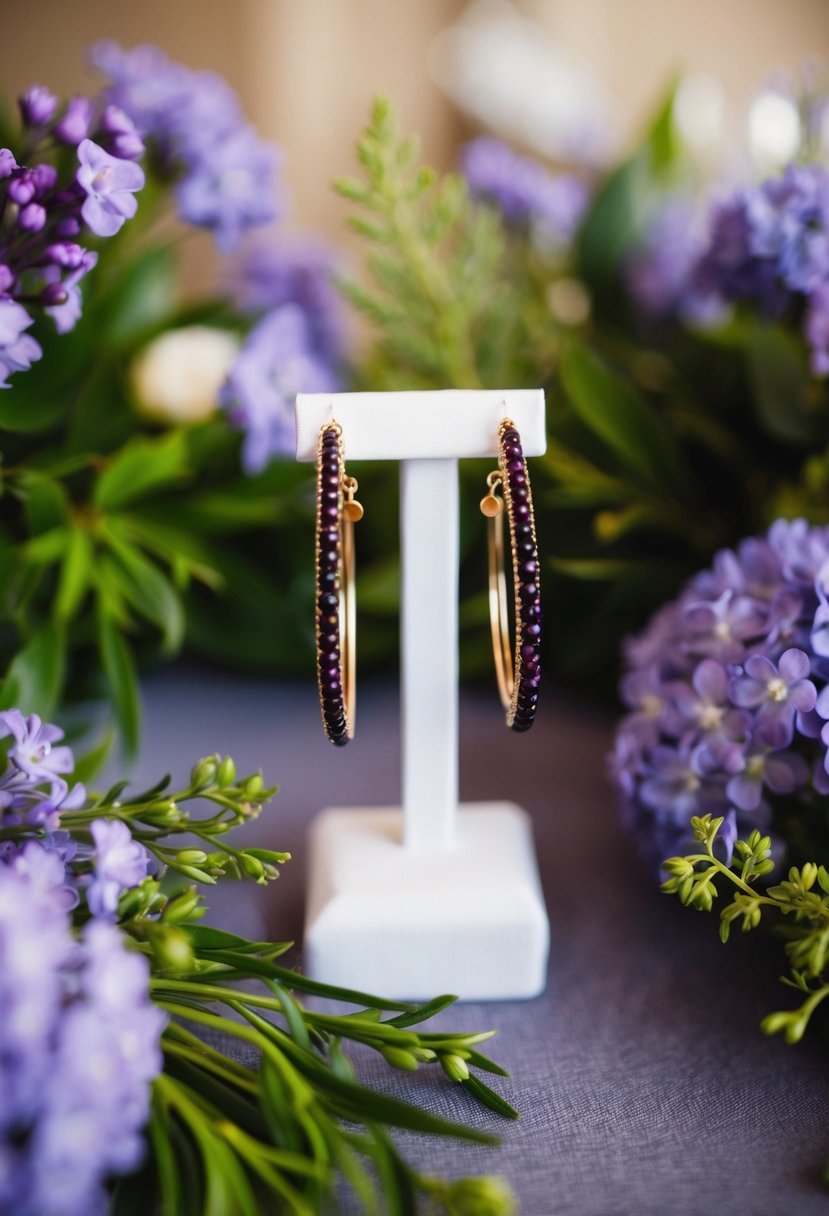 A table with a delicate pair of mulberry hoop earrings surrounded by purple flowers and greenery, creating a romantic and elegant wedding accessory display