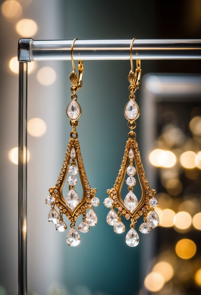 A pair of vintage-inspired chandelier earrings hang delicately from a display, catching the light and casting a beautiful shimmer