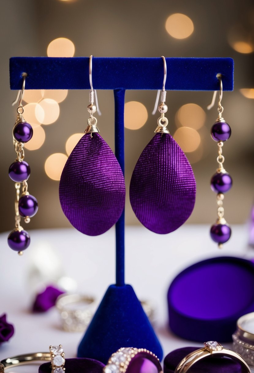 A pair of plum dangle earrings hanging from a jewelry stand, surrounded by other purple wedding accessories