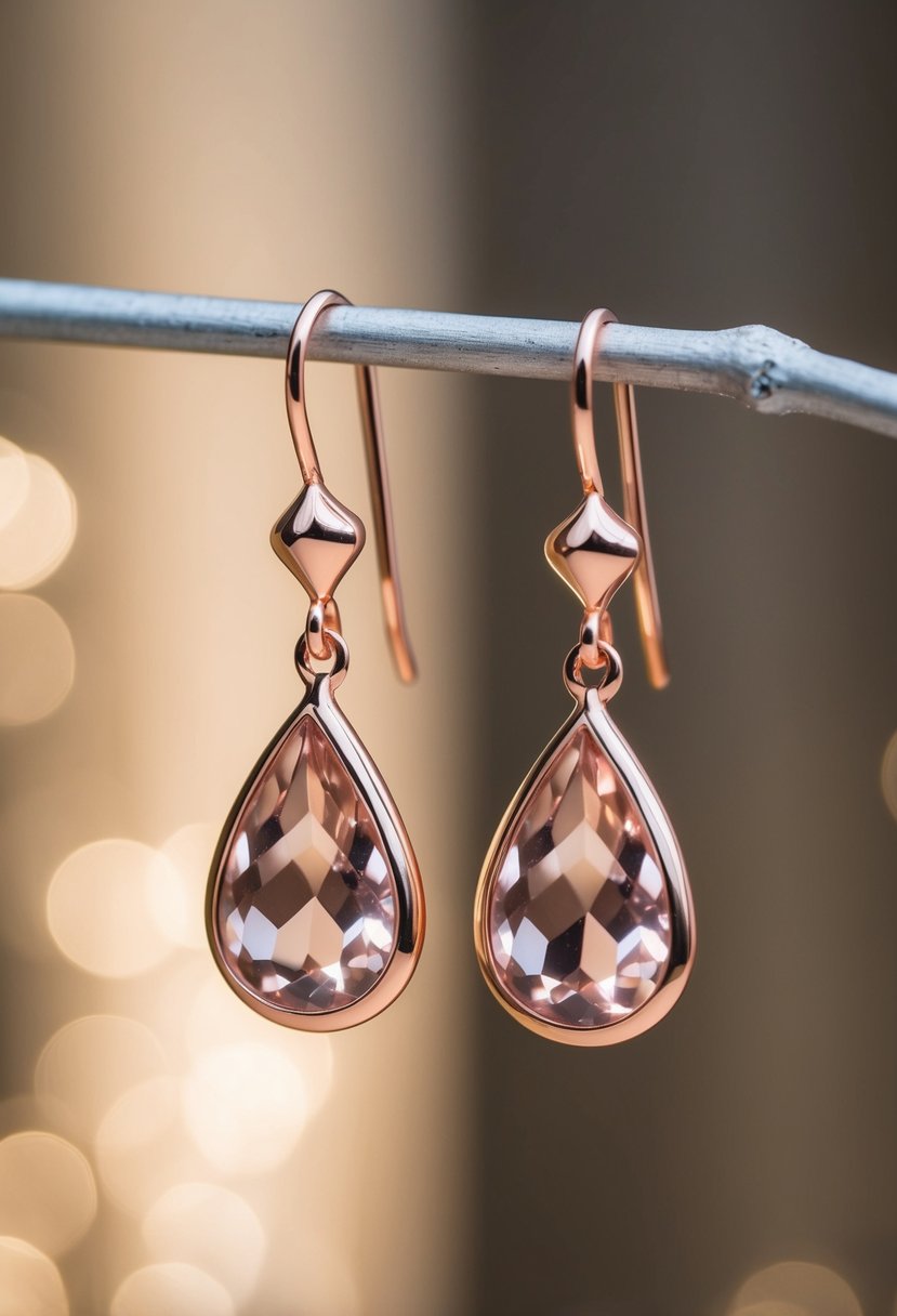 A pair of rose gold teardrop earrings dangle from a delicate stand, catching the light and casting a soft, shimmering glow